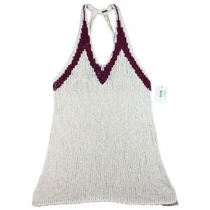 Free People Ivory Knit Nubble V Neck Halter Tank Top Women's M Beachy Crochet